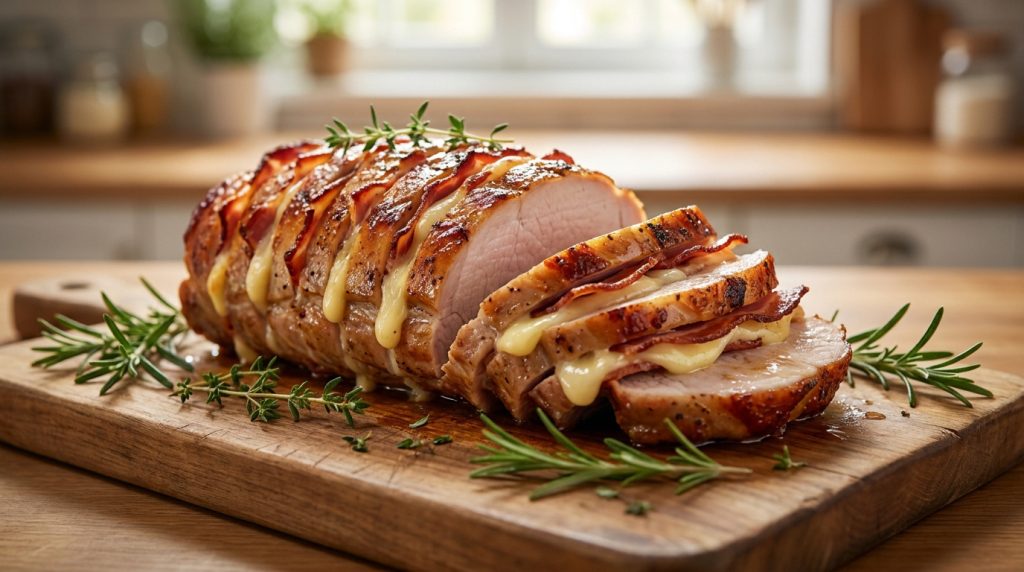 Un rôti de porc Orloff tranché, garni de bacon et de fromage fondu, présenté sur une planche en bois avec du romarin.