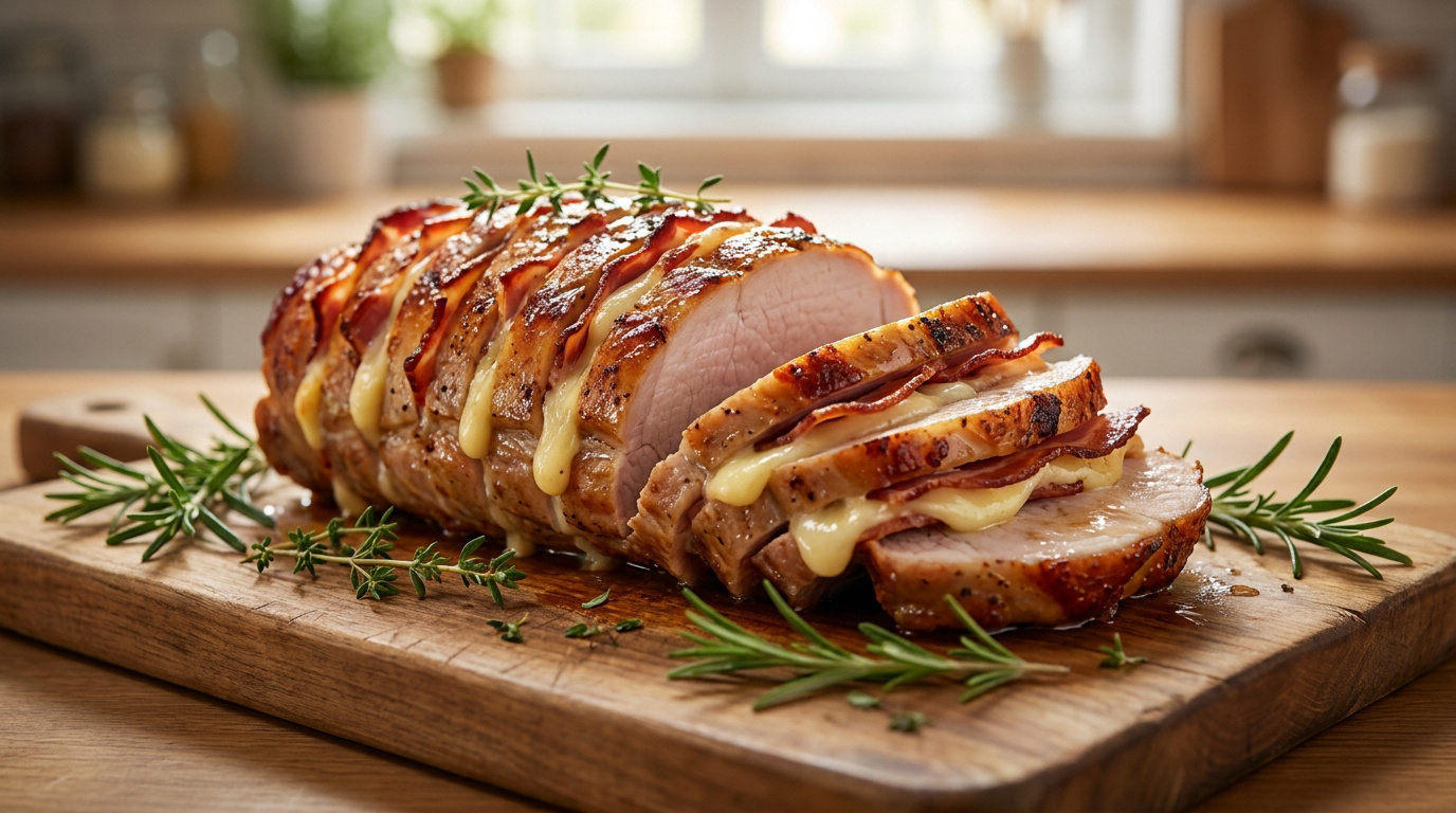 Un rôti de porc Orloff tranché, garni de bacon et de fromage fondu, présenté sur une planche en bois avec du romarin.
