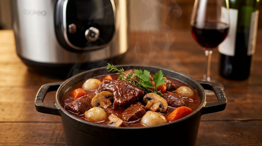 Un bœuf bourguignon fumant dans une cocotte en fonte noire avec un Cookeo et un verre de vin rouge en arrière-plan.