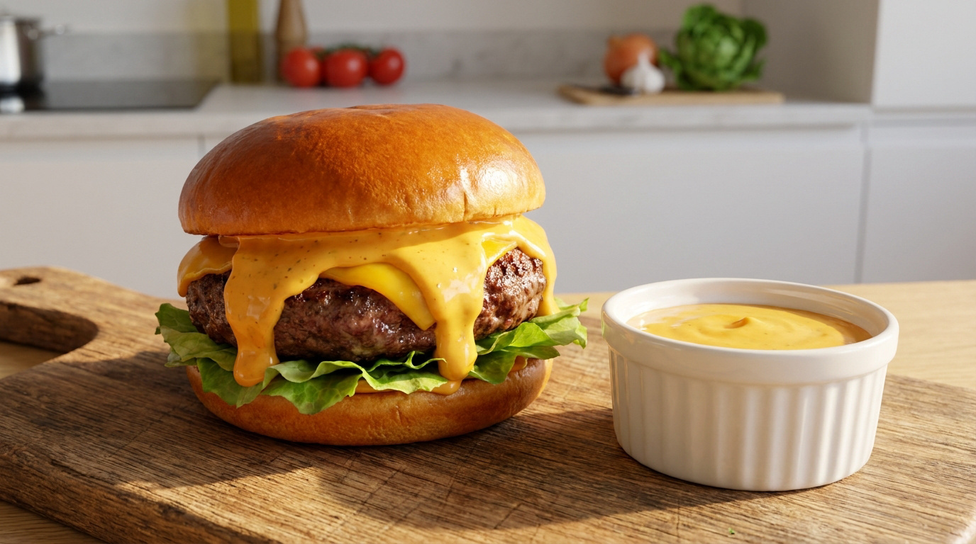 Un burger appétissant avec de la sauce Biggy coulante sur une planche en bois à côté d'un ramequin de sauce.