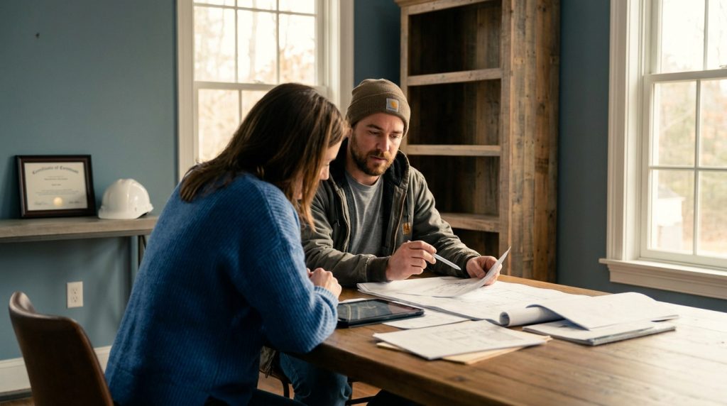 Un artisan en bonnet discute des plans de rénovation avec une cliente autour d'une table en bois.