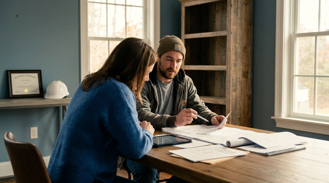 Un artisan en bonnet discute des plans de rénovation avec une cliente autour d'une table en bois.