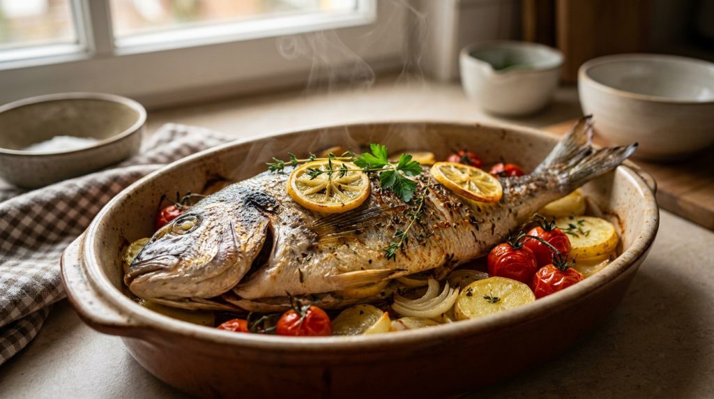Une dorade entière rôtie au four avec des tomates cerises, des rondelles de citron et des pommes de terre.