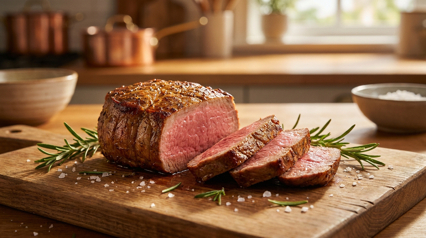 Un filet mignon de porc doré et tranché sur une planche en bois avec du romarin et du gros sel.
