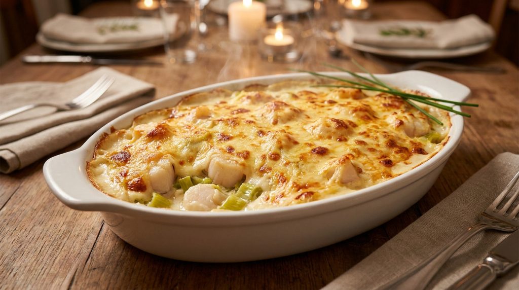 Plat à gratin rempli de noix de Saint-Jacques et de poireaux fondants, gratiné au four sur une table élégante.