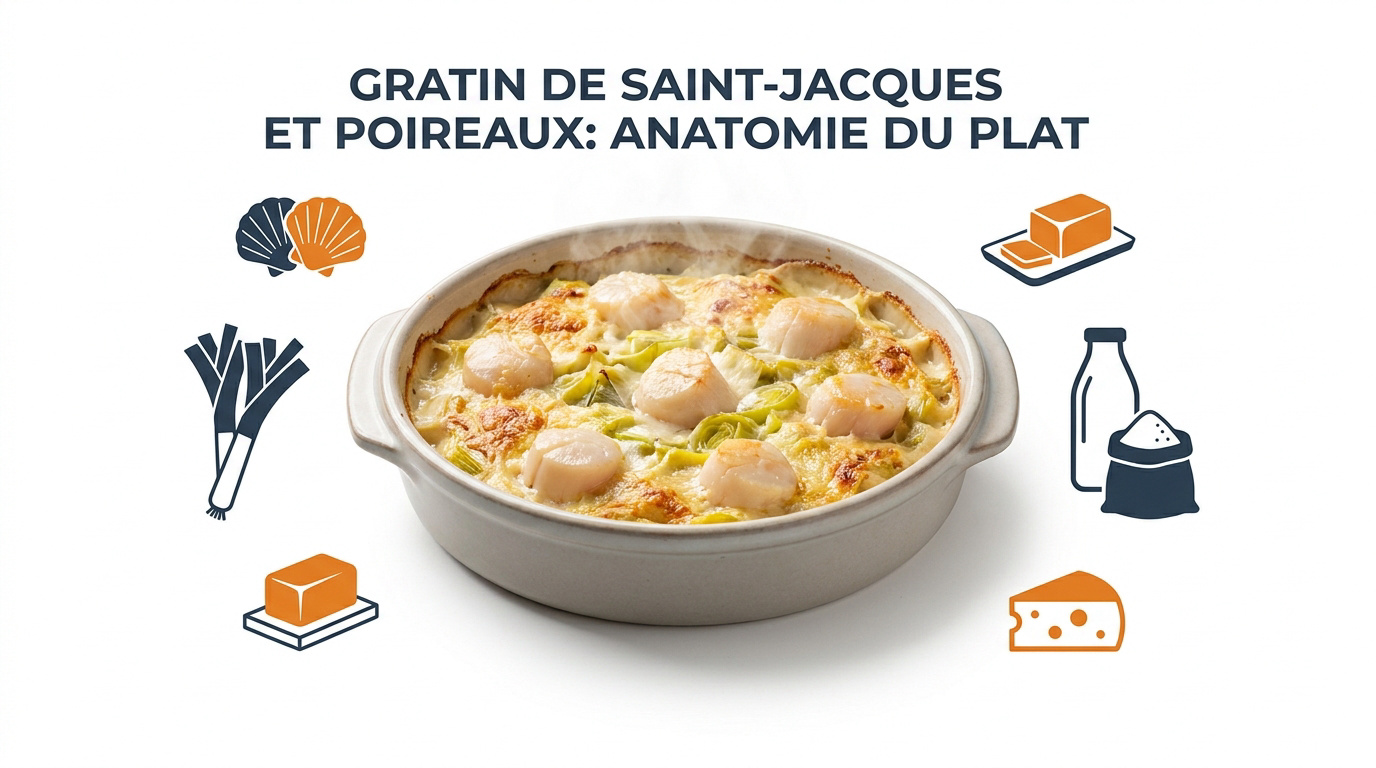 Gratin de noix de Saint-Jacques et fondue de poireaux
