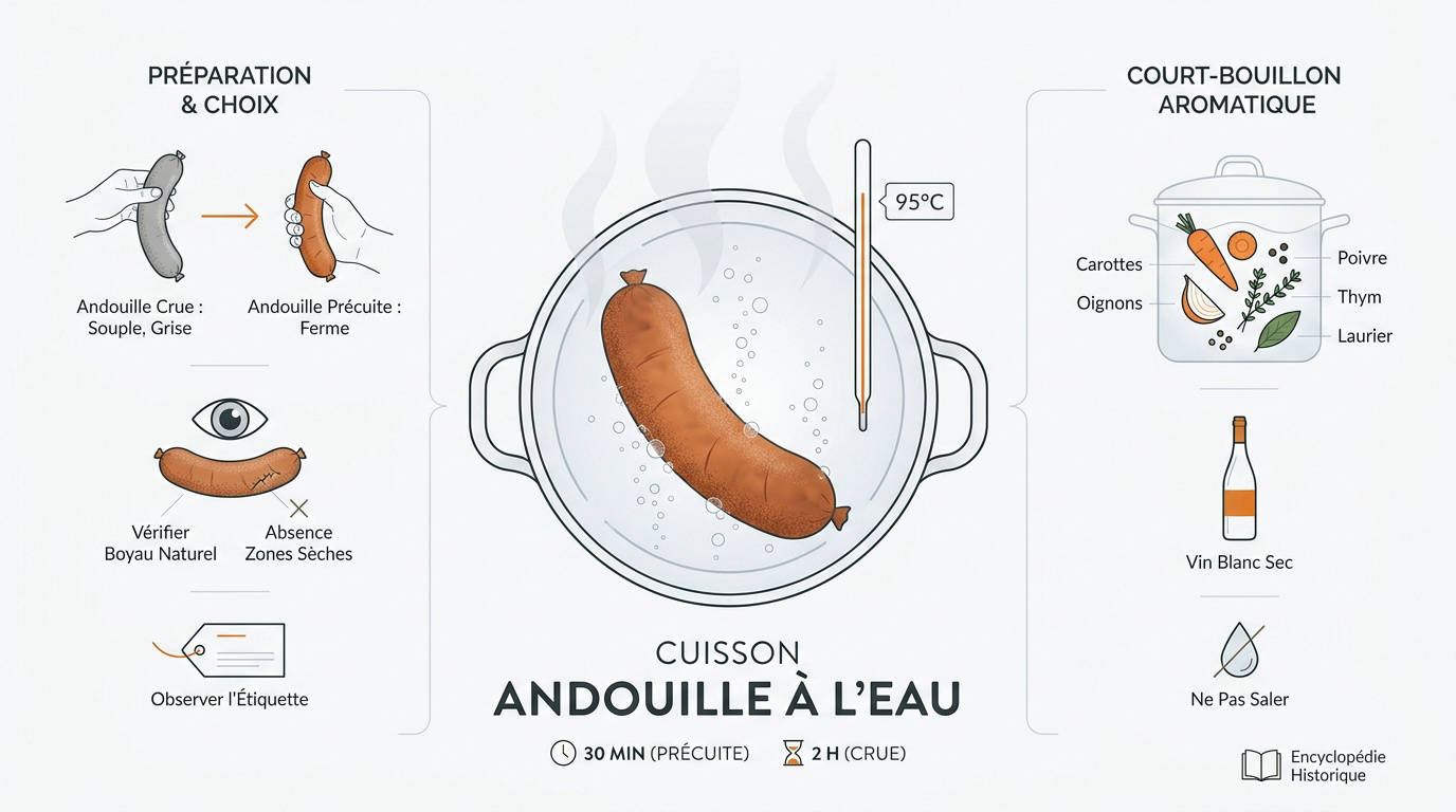 Andouille traditionnelle en cours de cuisson dans un bouillon