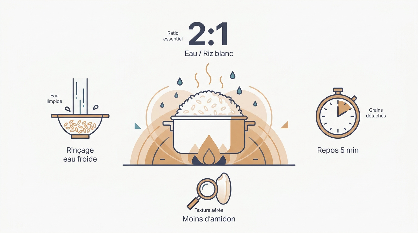 Infographie expliquant les étapes pour préparer un riz blanc parfait avec rinçage et repos