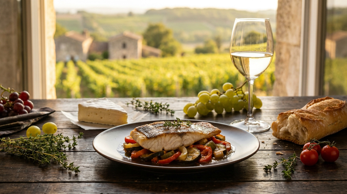 Un plat de poisson aux légumes avec vin et fromage devant un vignoble français.