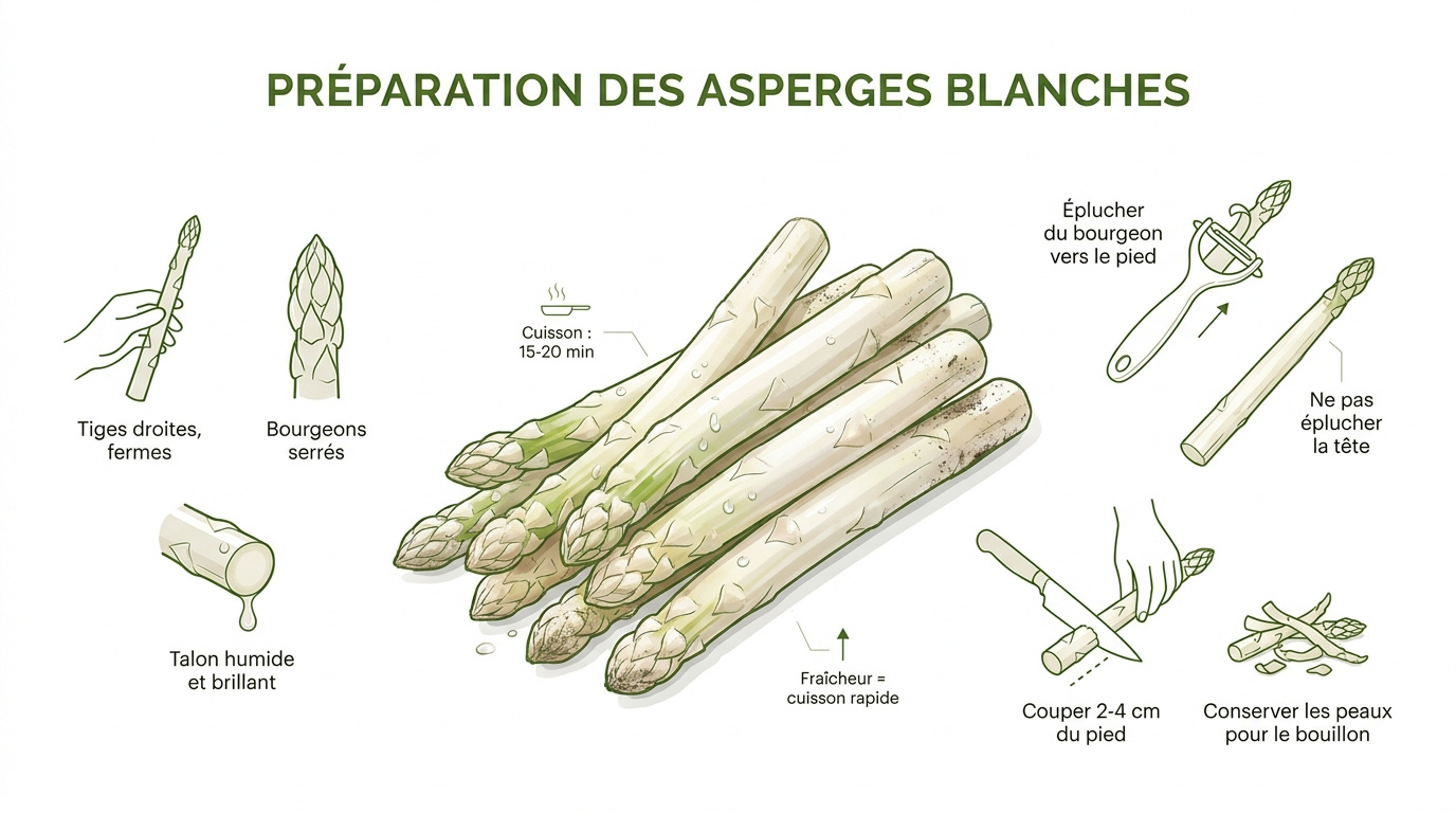 Technique d'épluchage d'une asperge blanche à plat sur une planche