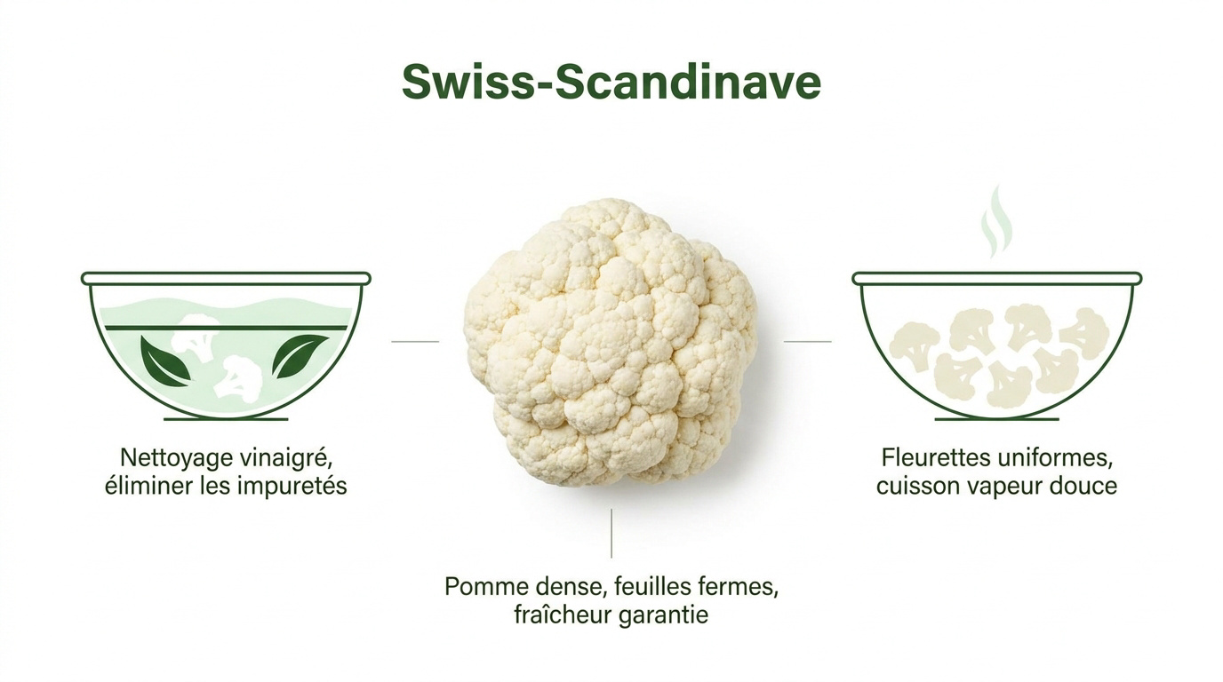 Étapes de découpe et nettoyage des fleurettes de chou-fleur