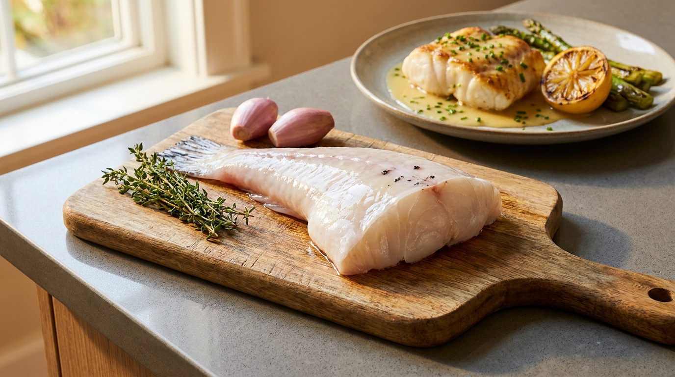 Une queue de lotte crue sur une planche en bois à côté d'une assiette de lotte cuite avec asperges et citron.