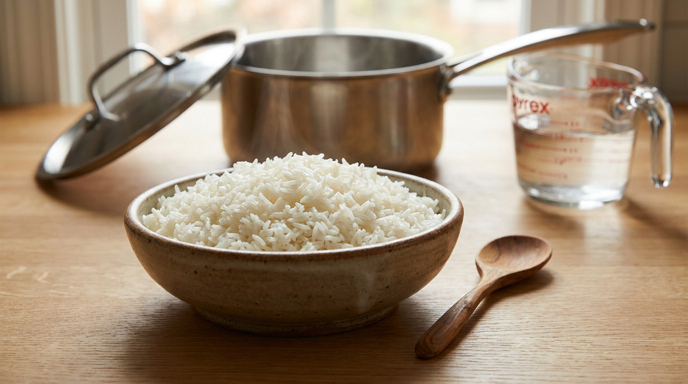 Un bol de riz blanc fumant posé sur une table en bois avec une casserole et un verre doseur en arrière-plan.