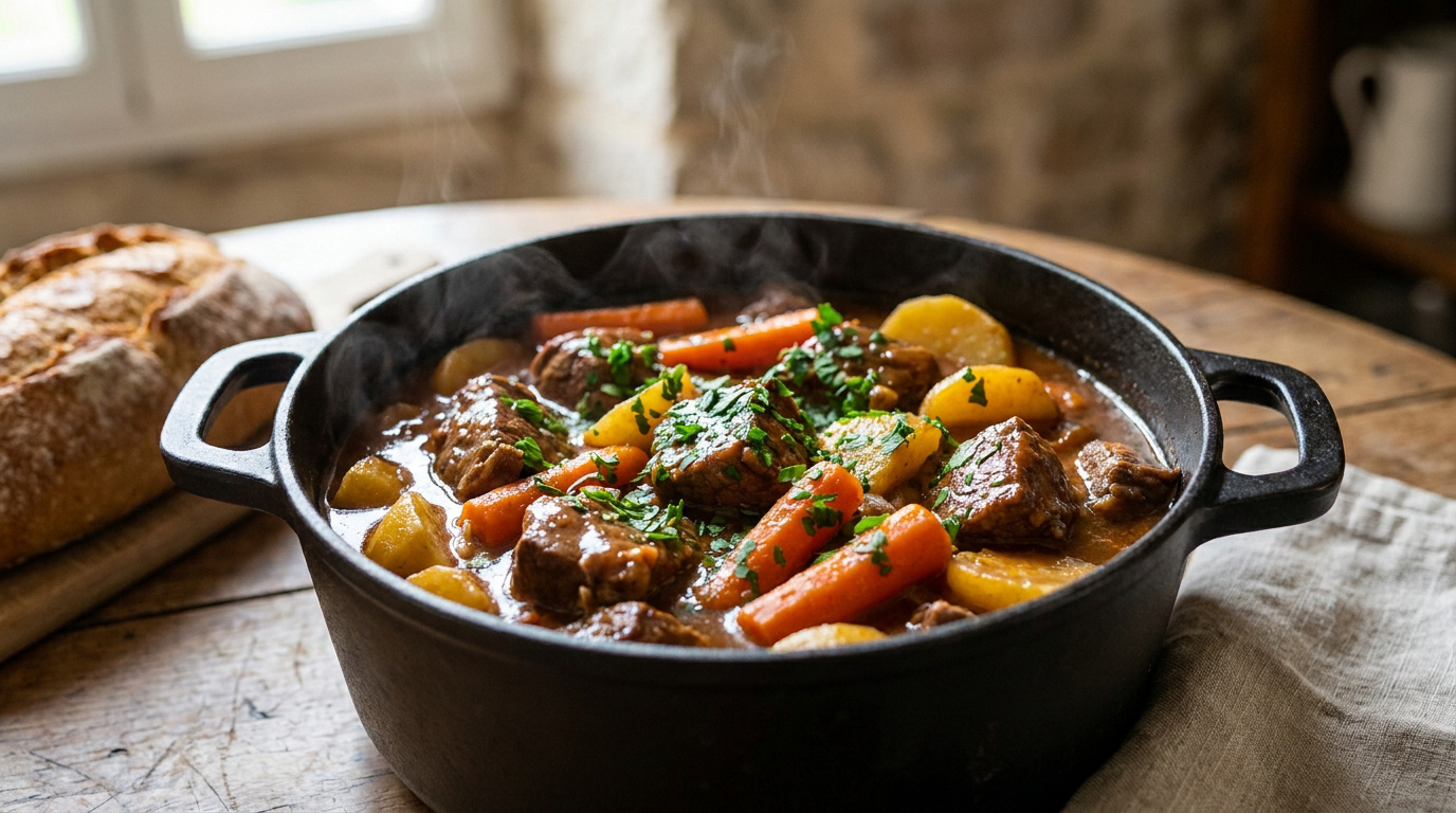 Une cocotte en fonte remplie d'un sauté de veau fumant avec des carottes et pommes de terre, posée sur une table en bois.
