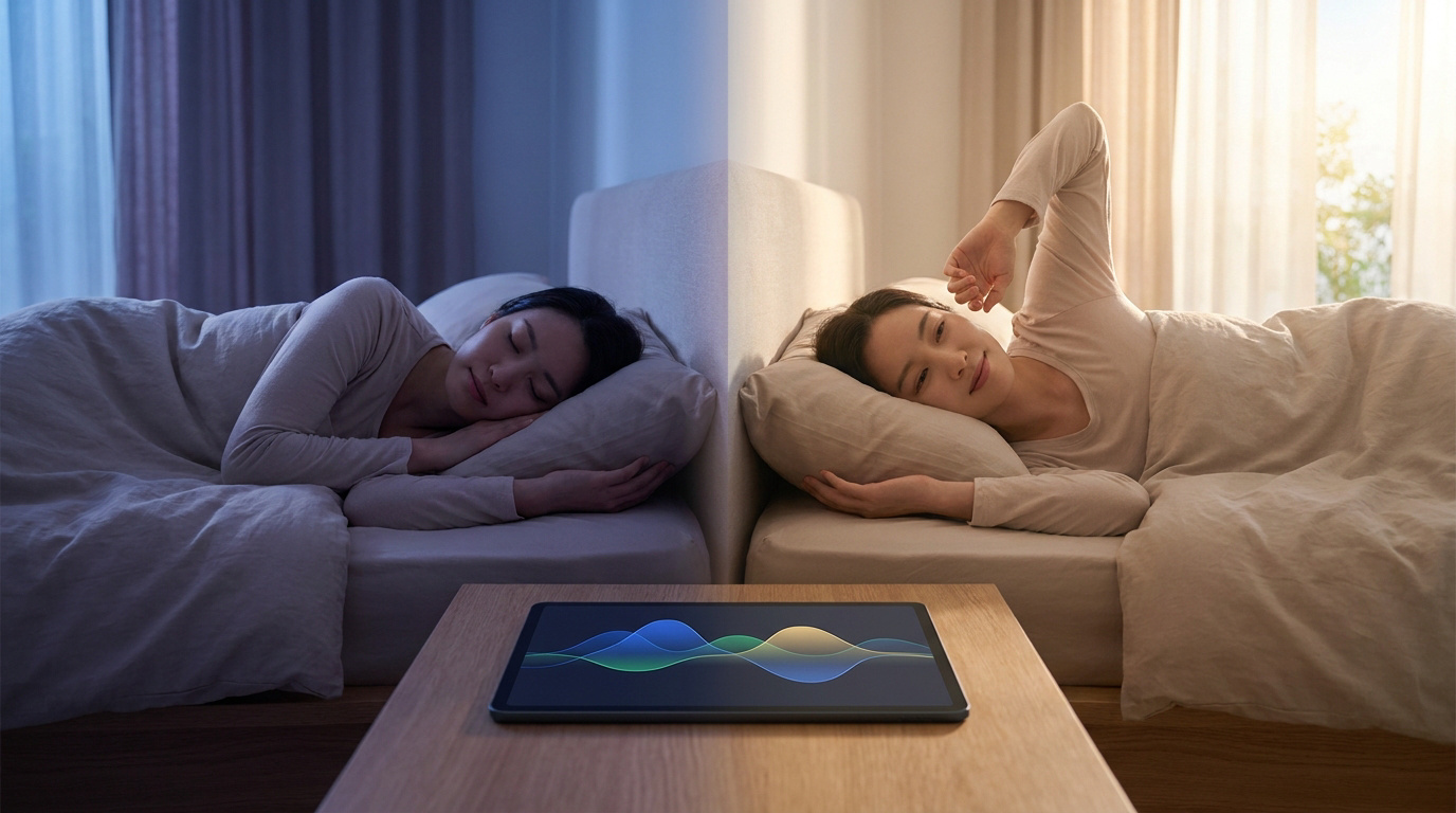 Une femme dort à gauche dans une chambre sombre et se réveille à droite sous la lumière du soleil avec une tablette.