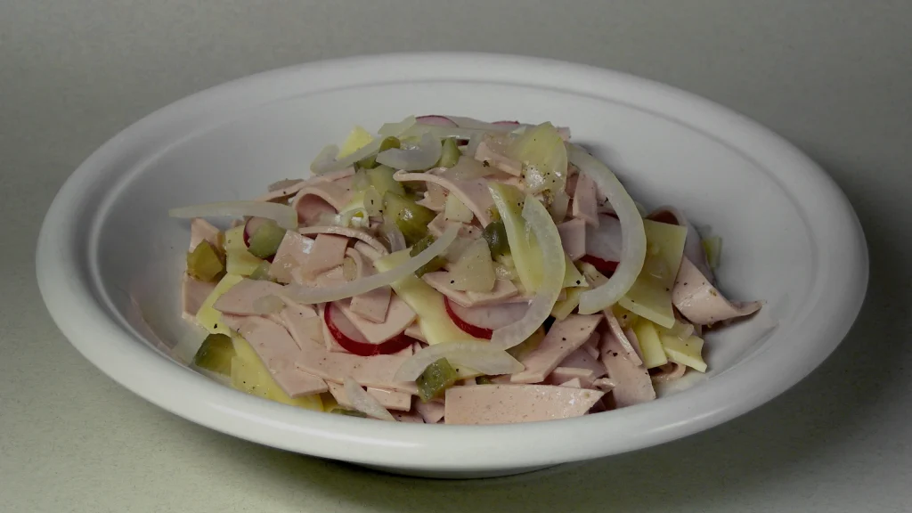 Assiette de salade de cervelas en julienne avec gruyere, oignon et cornichons