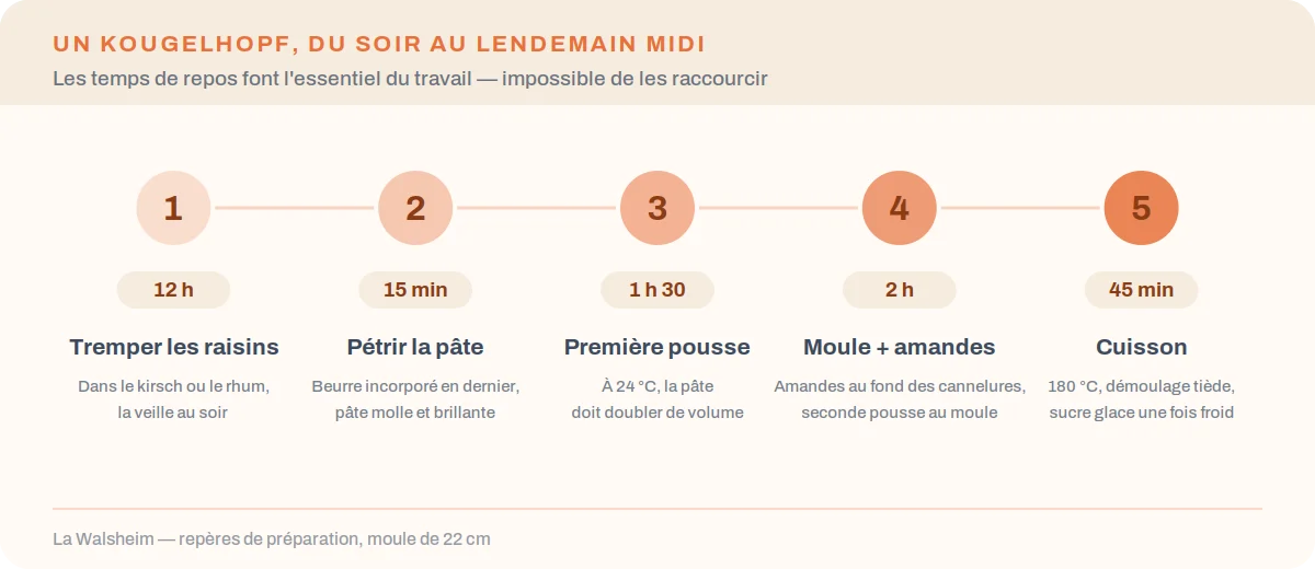 Les cinq étapes du kougelhopf et leurs durées