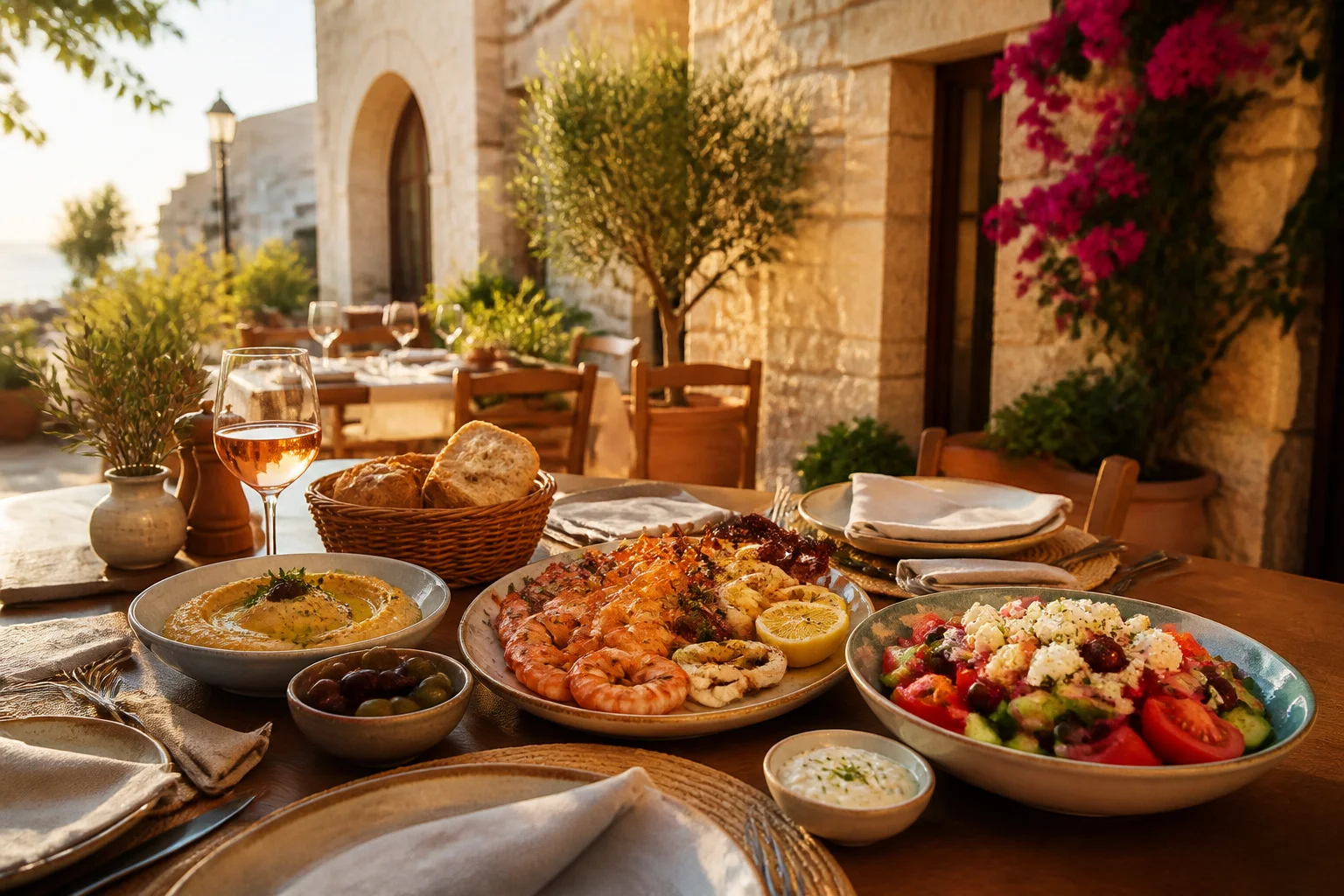 Diner mediterraneen en terrasse au coucher du soleil