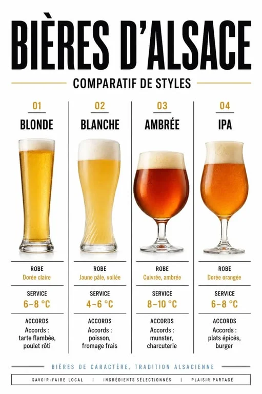 Bière alsacienne : comparaison des styles, températures et accords