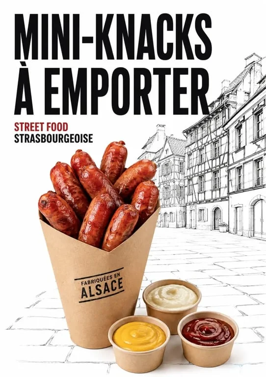 knack strasbourg servie en cornet avec mini-knacks et sauces à Strasbourg