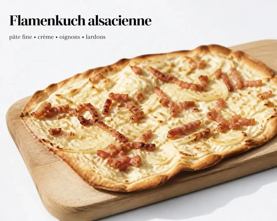 Flamenkuch dorée servie en parts sur une planche, vue de trois quarts