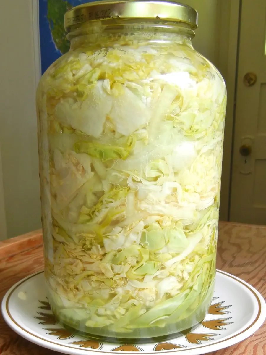 Grand bocal en verre rempli de chou blanc émincé et tassé, en cours de fermentation